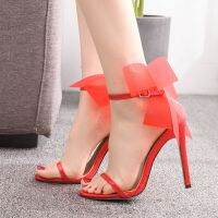 2021Woman Sweet Big Bow Knot Elegant Ankle Strap Party Stiletto High Heels White Wedding Shoes Open Toe Pumps