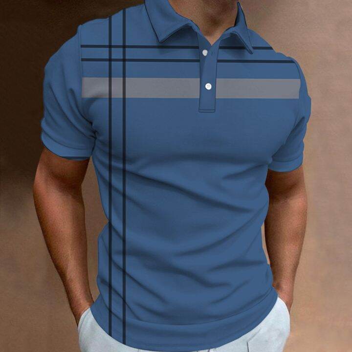 เสื้อโปโลพิมพ์ลายทางธุรกิจแฟชั่น1ตัวเสื้อยืดฤดูร้อนแขนสั้นลายทางเสื้อโปโลเสื้อยืดขนาดใหญ่ลำลองของผู้ชาย