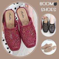 BOOM?รองเท้าคัชชูเปิดส้น หัวเหลี่ยม ฉลุลายดอกไม้ ยางนิ่มสีเงา 3 สี เบอร์ 36-40