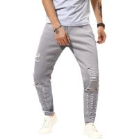 CODiy085671 Mens Solid Color Ripped Trendy Denim Trousers Grey Color Jeans S-2XL