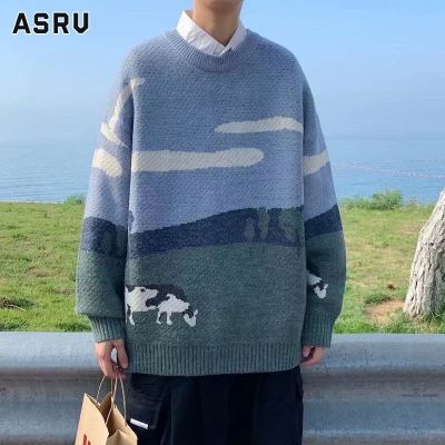 ASRV เสื้อกันหนาว ผช เสื้อกันหนาว ผู้ชาย สเวตเตอร์ชาย sweaters for men ฤดูใบไม้ร่วงฤดูหนาวย้อนยุคเสื้อกันหนาวคอกลมแขนยาวผู้ชายเสื้อกันหนาวเสื้อสวมหัวสัตว์พิมพ์มัดย้อมถักเสื้อกันหนาวนักเรียนอินเทรนด์หลวมรอบคอคู่เสื้อกันหนาวเสื้อสวมหัว