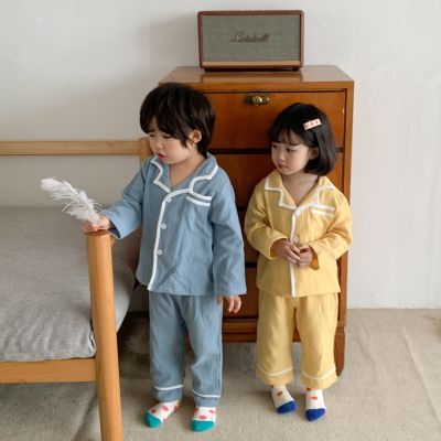 COD DSFGRETGRYTWE 2021 เด็กฤดูใบไม้ผลิและฤดูใบไม้ร่วง Pure Color Homewear ชุดชายและหญิงเกาหลีแขนยาวกางเกงผ้าฝ้ายเส้นด้ายชุดนอน Set