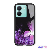 เคสแข็งพิมพ์ลายดอกไลแลกผู้หญิงหญิงสาวสำหรับ Vivo Y36 Y36 5G เคสด้านหลังกระจกเทมเปอร์กันกระแทก