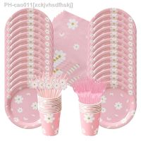 96Pcs/set Daisy Theme Birthday Party Decor Pink Disposabl Tableware Daisy Paper Plates Napkin Baby Shower Party Wedding Decor