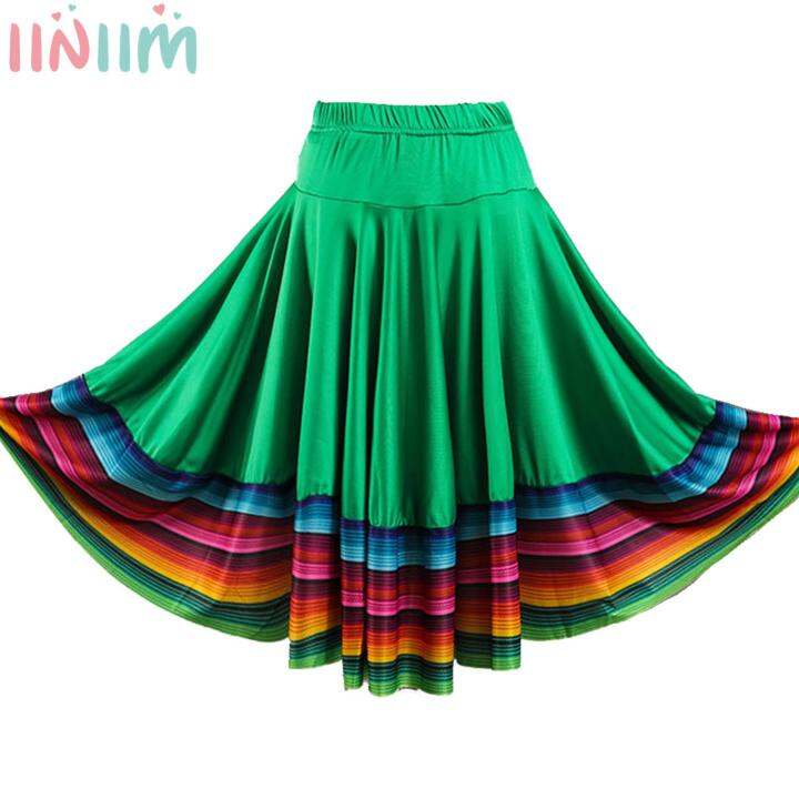 Womens Colorful Folklorico Dance Long Ruffled Skirt Mexican Flamenco