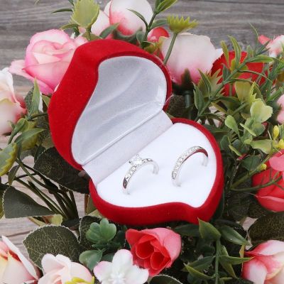 ♙ Double Wedding Rings Box Velvet Heart Shape Red Rose Flower Box Jewelry Display