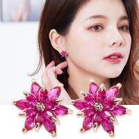 Red corundum earring Womens temperament flower earring Long strap Silver needle Premium three-dimensional earring LNMX