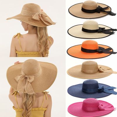 【CC】15CM Wide Brim Beach Straw Hats For Women Simple Foldable Summer Outing Sun Hat Fashion Flat Brom Bowknot Uv Protection Panama
