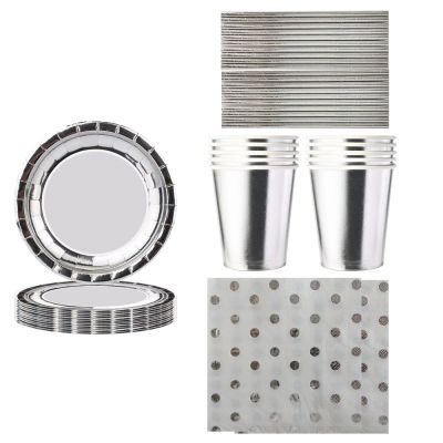 ✎ New Silver Color Disposable Tableware Set Silver Elegant Party Plates Cups Straw Banner Birthday Party Decorations Wedding Suppl