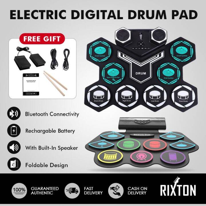 Rixton Electronic Drum Pads Set, Tabletop Drum Set, Builtin Dual