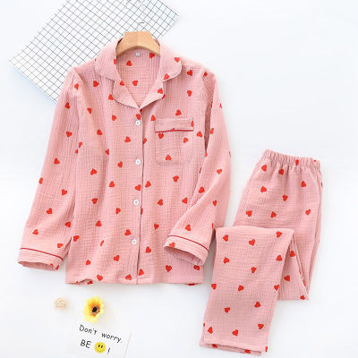 New Ladies Pajamas Set Heart Printed Crepe Cotton Double-layer Gauze Simplicity Women Long-sleeve Trousers Household Wear
