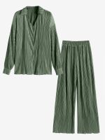 【DT】hot！ Plisse Pleated Up Shirt and Pants Pieces Outfits Office Trousers Set