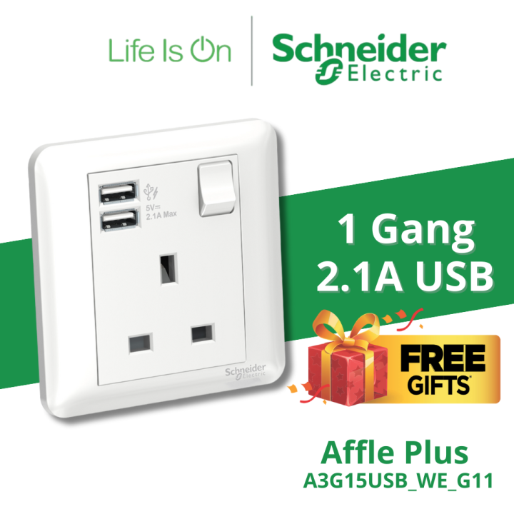 Schneider Electric Affle Plus 13A 1 Gang Switched Socket With 2.1A USB ...