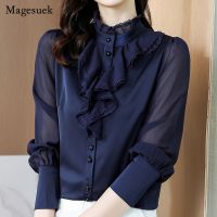 2023 OL Elegant Youth Women Shirts with Lace Chiffon Top Fashion Long Sleeve Dark Blue Women Blouse Button Female Clothing 20389