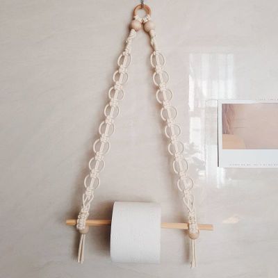 Nordic Macrame Wall Hanging Wooden Stick Toilet Paper Holder Towel Hanger Hand-woven Bedroom Living Room Decoration Bathroom Counter Storage