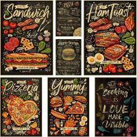 ร้านอาหารครัว Wall Art Decor กระดาษคราฟท์ Retro ภาพวาดโปสเตอร์ Fries Burger พิซซ่า Design รูปภาพสำหรับ Home Room Decoration