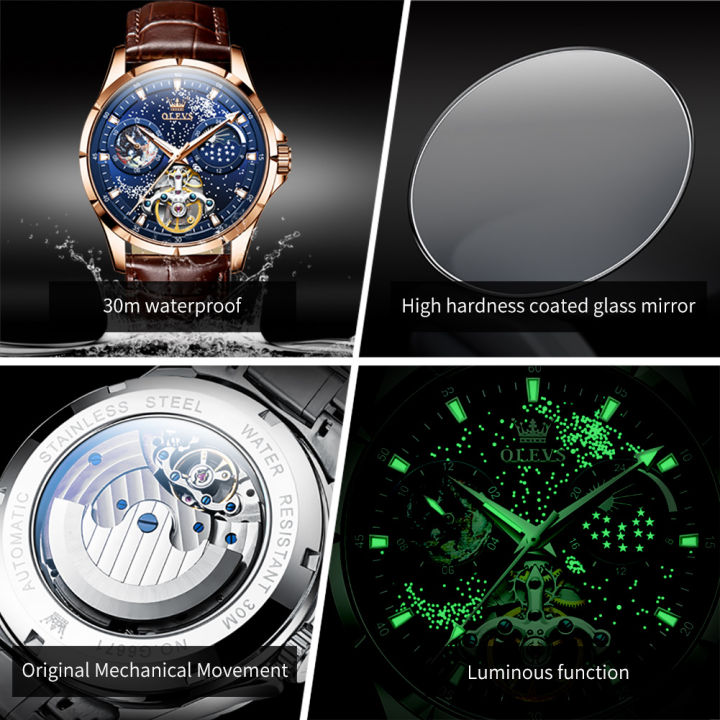 แบรนด์-olevs-นาฬิกากันน้ำแบบออริจินัลสำหรับผู้ชาย-นาฬิกานาฬิกามีกลไกเคลื่อนไหวอัตโนมัติหรูหน้าปัดดาวสายหนังแท้จับเวลามัลติฟังก์ชั่นเรืองแสง