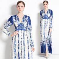 Womens Dress Spot Shooting - High Quality Dress Court Style Retro Print Foreigner Style Reduced Age V-Neck Single breasted Long Dress