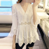 Spring Autumn New Arrival Women Sweet Ruffles V-Neck Fashion Lace Shirt Patchwork Hollow Out Women Blouses Casual Tops Plus size