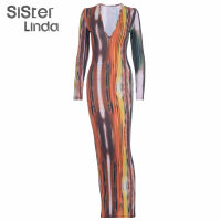 Colorful Printed V Neck Women Summer Party Dress Long Sleeve Fashion Casual Bodycon Clubwear Clothes Lady Maxi Dress New