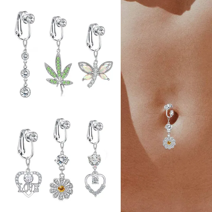 Fake Navel Piercing Umbilical Belly Button Clip Butterfly Leaves