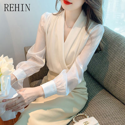 REHIN เสื้อผู้หญิงคอวีมาใหม่ล่าสุดคอวีอเนกประสงค์,เสื้อแขนยาวเสื้อเชิ้ตสีพื้นผ้าไหมดีไซน์ทันสมัยฤดูใบไม้ร่วง2023ฤดูใบไม้ร่วง