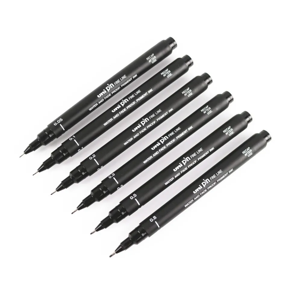 Uni Pin Fineliner Drawing Pen Set of 8, 0.1mm 0.8mm & Brush Nib 3 Colours 