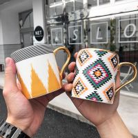FUNBAKY 350ml Cartoon Mugs Coffee Cups Ceramic Nordic Style Office Gold Handle Mug Household Milk Tea Coffee Cup Drinkware