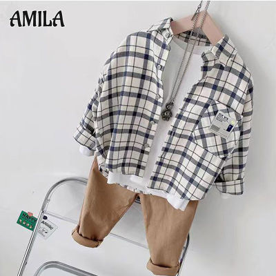 AMILA เสื้อเด็กคาร์ดิแกนมีปก,เสื้อเสื้อเชิ้ตลายสก๊อตผ้าฝ้ายสำหรับเด็กแฟชั่นเด็กผู้ชาย