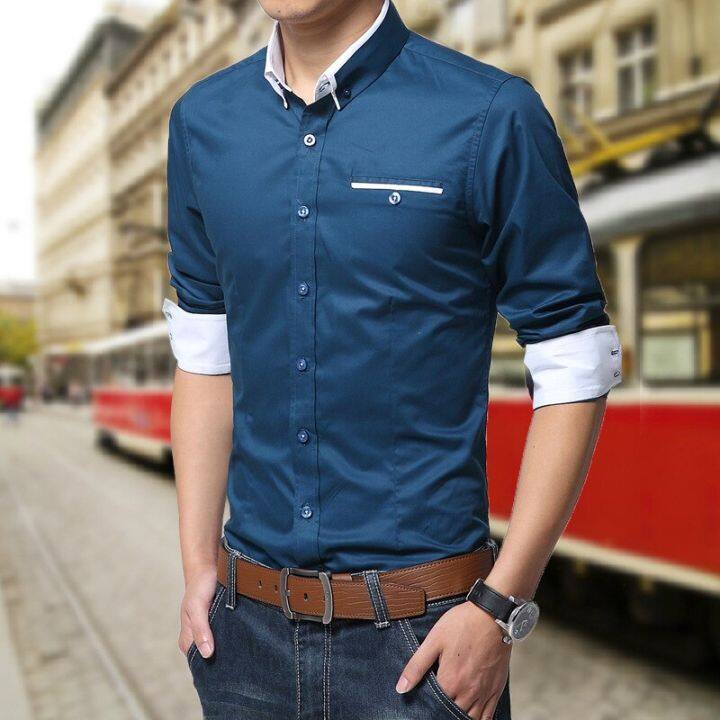 hot11-2023มาใหม่ล่าสุดผู้ชายสบายๆธุรกิจเสื้อแขนยาวสไตล์เกาหลีสีทึบ-cotton-mens-เสื้อเปิดลงปกเสื้อสำหรับผู้ชาย