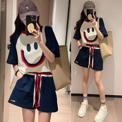 Spot goods 200kg large size Smiley sports suit female summer New loose casual short-sleeved shorts two-piece set 2023