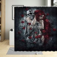 Skull Waterproof Shower Curtain Rose Red-Haired Beauty Embrace Skeleton Pattern Bathroom Decor Polyester Curtains With Hooks