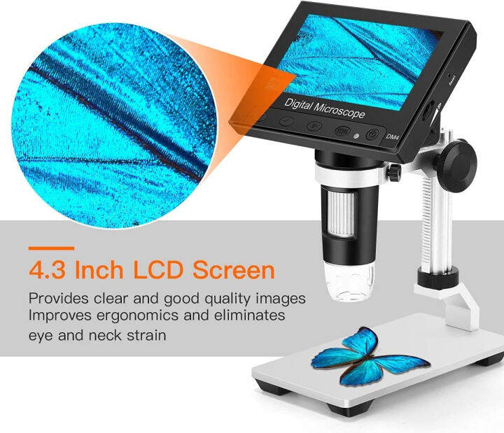 tomlov-dm4-coin-microscope-1000x-4-3-inch-lcd-digital-microscope-with-metal-stand-8-leds-photo-video-capture-for-adult-kids-observing-coin-plant-rocks-pcb-windows-compatible-sd-card-included
