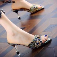 In and the States spring new peep-toe fish mouth shoes with high heels personality diamond fine words dragged female cool slippers