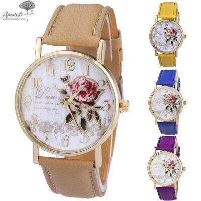 Amart Rose Pattern Quartz-Watch Faux Leather Strap Glass Print Dial Birthday Surprise WristWatch Watch Watch Fashion Prevalent Special Punctual 22.50*3.70*0.70Cm Printing Leather Watchband Universal School Office