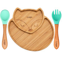 Custom Baby Feeding Food Plates FOX Natural Bamboo Suction Bowl Silicone Spoon Set Tableware Fits Highchair Childrens Dinner