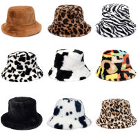 Winter Cow Leopard Faux Fur Fluffy Bucket Hats Women Outdoor Warm Sun Hat Soft Velvet Furry Fisherman Cap Girl Fashion Panama