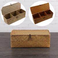 3 Slot Hand-Woven Storage Basket with Cover Rattan Storage Box Vintage Jewelry Gadgets Display Box Organization Home Handcrafts