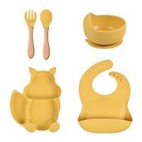 5 PCS Baby Silicone Dish Bib Set Feeding Tableware Baby Kitchenware Multi-Color Bowl Bib Spoon Plate Fork Set