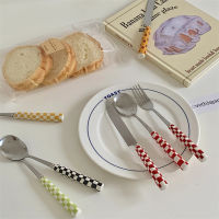 Ins Style Dessert Steak Stainless Steel Fork Spoon Kitchen Dinnerware Checkerboard Lattice Glossy Ceramic Handle 3 pcsset