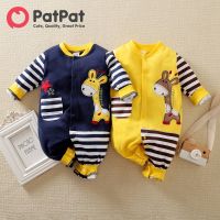 PatPat Baby เด็กทารกสาว Romper ผ้าฝ้าย100% ยีราฟ Applique ลายพิมพ์ Jumpsuit แขนยาว