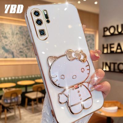 YBDมีเคสโทรศัพท์กระจกสำหรับ Huawei P20 P30 P40 Pro 3Dแมวน่ารักพับได้เคสซิลิโคนแบบนิ่มขายึดภาพสามมิติ