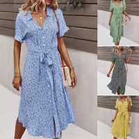 №☃✢ Women Boho Floral Print Dress Vintage High Waist Short Sleeve V-neck Dress Button Belt Holiday Beach Dress Female Vestidos