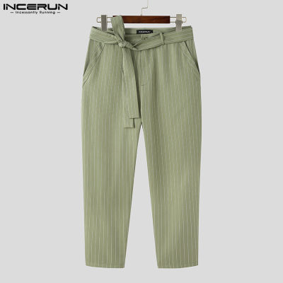 INCERUN กางเกงผู้ชาย Chino Striped Belted Trousers Fit Formal Office Long Pants (ใส่ลำลอง) #3