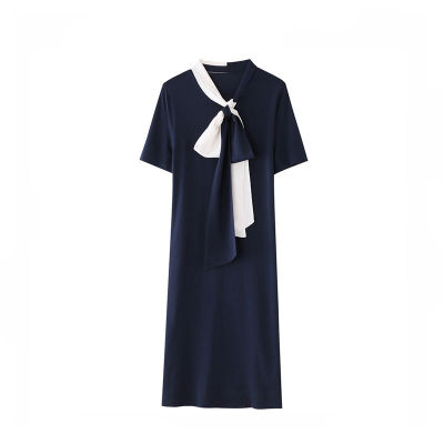 Midi Dress For Women Summer Vintage High Quality Elegant Simple Slim Stretch Contrast Color Thin Bow Short-Sleeved Dress Robe