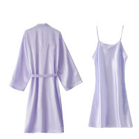 Loose Kimono Satin 2 Pcs Nighty&amp;Bathrobe Sets Bride Bridesmaid Wedding Robe Gown Womens Lingerie Sleepwear With Belt Nightgown