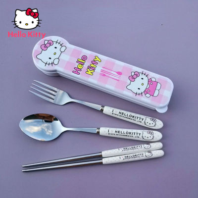 Hello Stainless Steel Chopsticks Spoon Fork Three-piece Set Chopsticks Box Travel Cute Girl Student Tableware Kitchen Tool