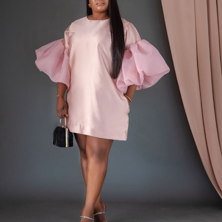 2021Women Pink Loose Mini Shirt Dress O Neck Half Big Sleeves Oversized Female African Female Robe Gowns XXL 2021 Summer Fashion New