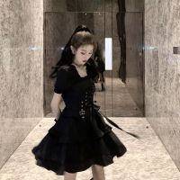 Japanese Vintage Harajuku Elegant Dark Black Dresses  Summer Sweet Sexy Lace Up Slim Square Collar Puff Sleeve Dress Female