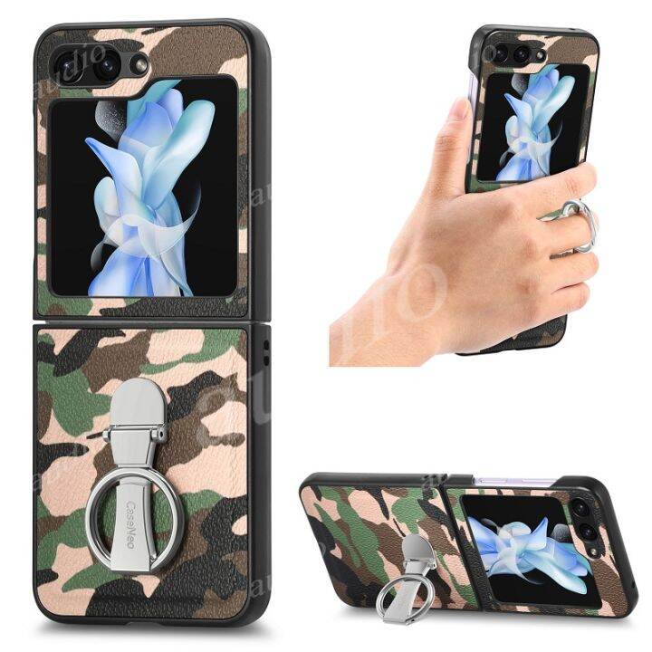 ฝาปิดมีที่ยึดป้องกันการตกสำหรับ-samsung-galaxy-z-flip-5-flip5-5g-2023แหวนพรางตาแฟชั่นหรูหราหนังนิ่ม